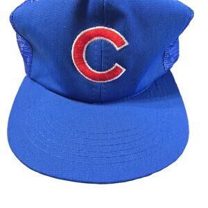 Vintage Chicago Cubs Sz Med/Lg Blue Snap Back Trucker Mesh Baseball Cap
